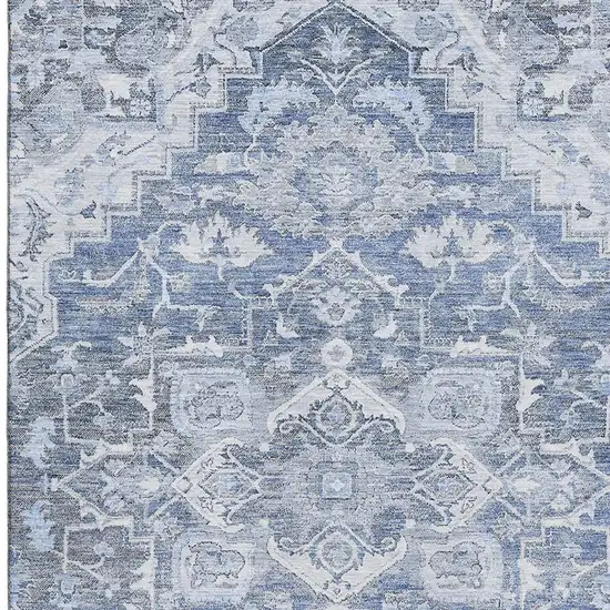 Denim Blue Ivory And Gray Floral Medallion Washable Area Rug With UV Protection Photo 4