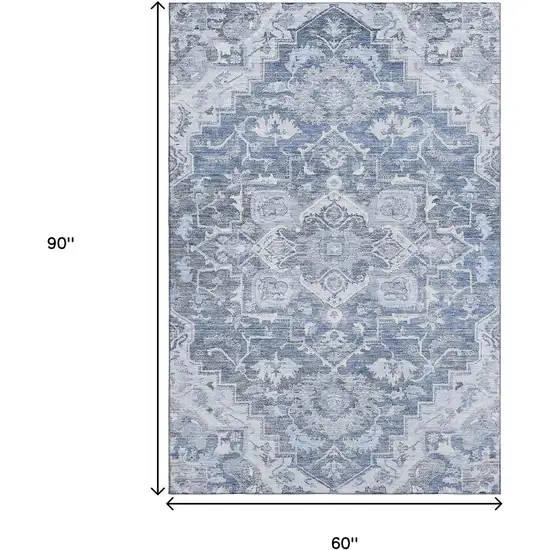 Denim Blue Ivory And Gray Floral Medallion Washable Area Rug With UV Protection Photo 3