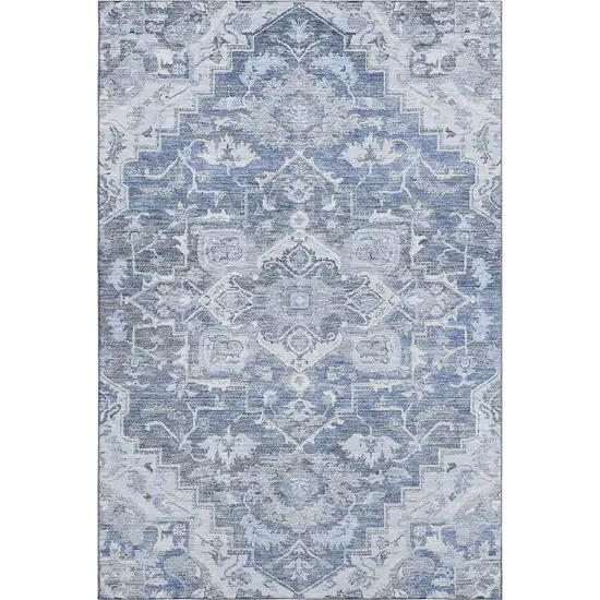 Denim Blue Ivory And Gray Floral Medallion Washable Area Rug With UV Protection Photo 1