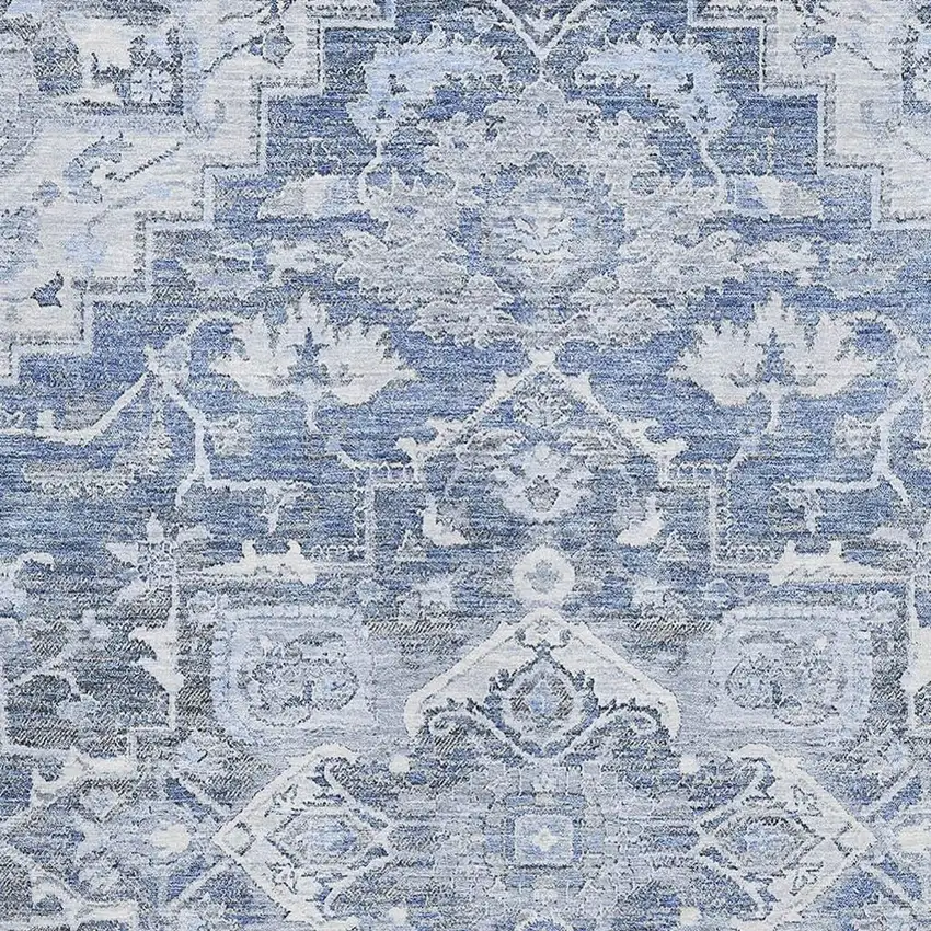 Denim Blue Ivory And Gray Floral Medallion Washable Area Rug With UV Protection Photo 3