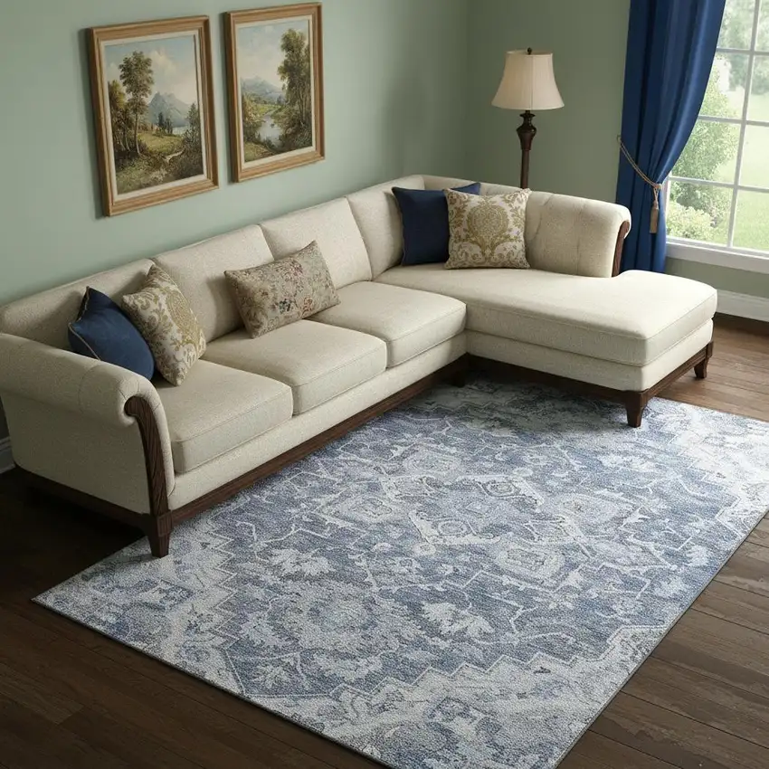 Denim Blue Ivory And Gray Floral Medallion Washable Area Rug With UV Protection Photo 1