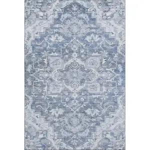 Photo of Denim Blue Ivory And Gray Floral Medallion Washable Area Rug With UV Protection