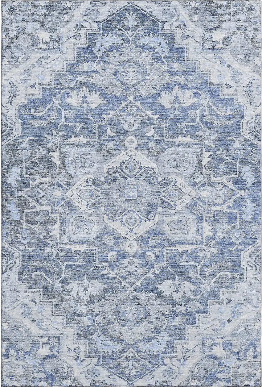 Denim Blue Ivory And Gray Floral Medallion Washable Area Rug With UV Protection Photo 1