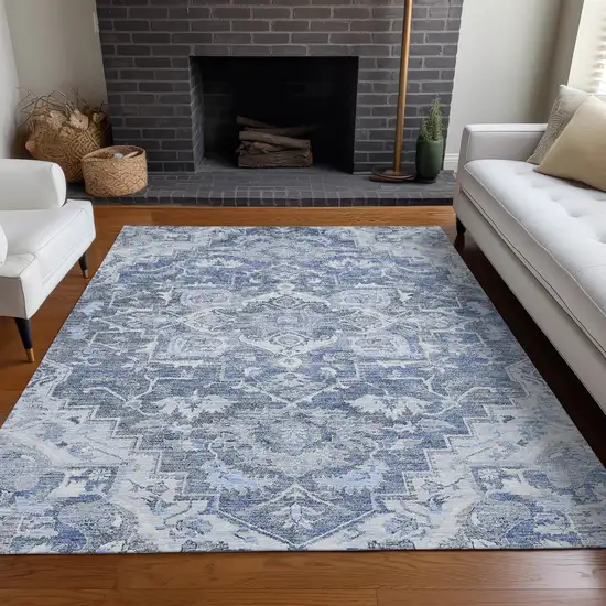 Denim Blue Ivory And Gray Floral Medallion Washable Area Rug With UV Protection Photo 5
