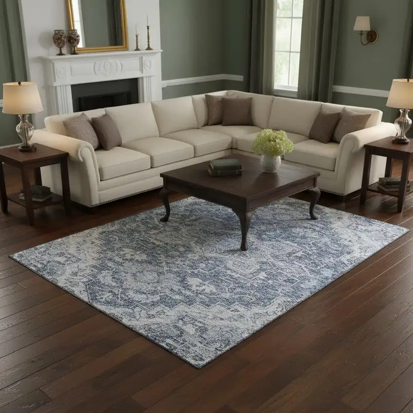 Denim Blue Ivory And Gray Floral Medallion Washable Area Rug With UV Protection Photo 2