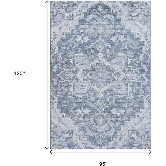 Denim Blue Ivory And Gray Floral Medallion Washable Area Rug With UV Protection Photo 3