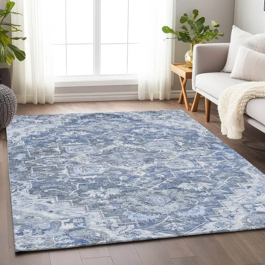Denim Blue Ivory And Gray Floral Medallion Washable Area Rug With UV Protection Photo 6