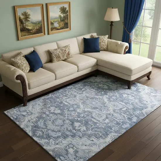 Denim Blue Ivory And Gray Floral Medallion Washable Area Rug With UV Protection Photo 1