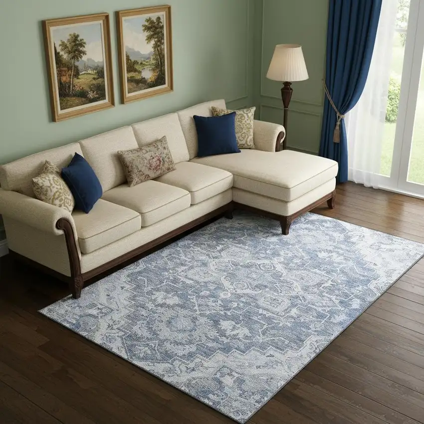Denim Blue Ivory And Gray Floral Medallion Washable Area Rug With UV Protection Photo 1
