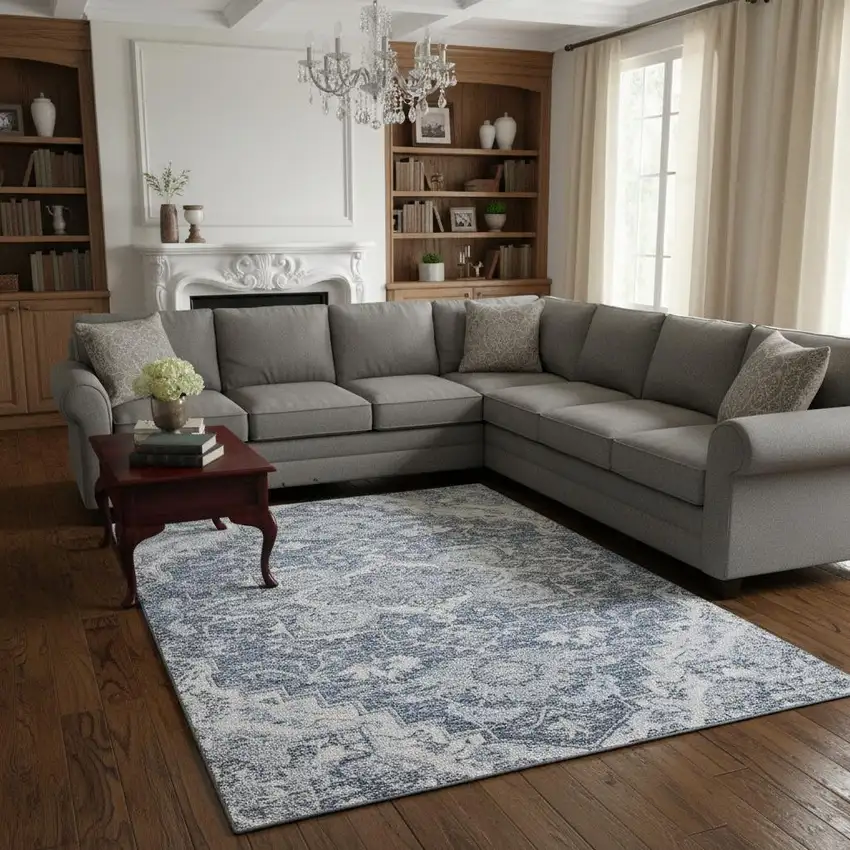 Denim Blue Ivory And Gray Floral Medallion Washable Area Rug With UV Protection Photo 2