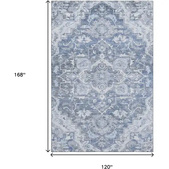 Denim Blue Ivory And Gray Floral Medallion Washable Area Rug With UV Protection Photo 3