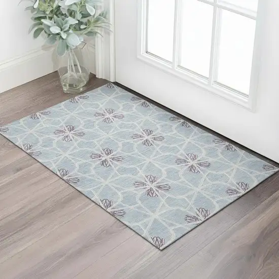 Denim Blue Ivory And Gray Geometric Washable Area Rug With UV Protection Photo 2