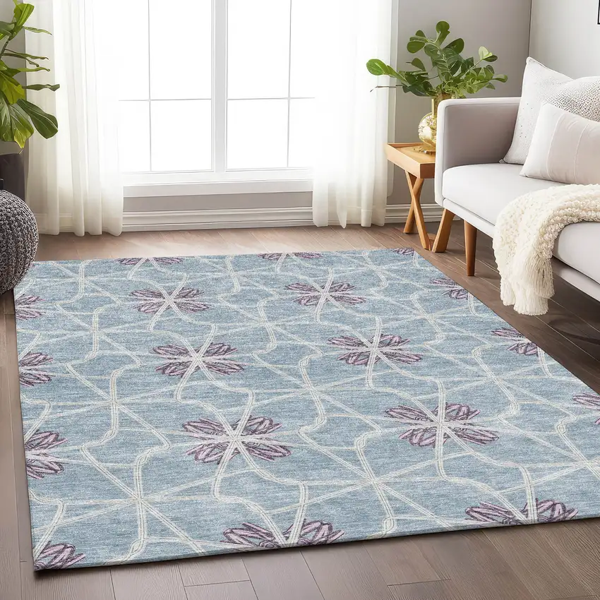 Denim Blue Ivory And Gray Geometric Washable Area Rug With UV Protection Photo 4