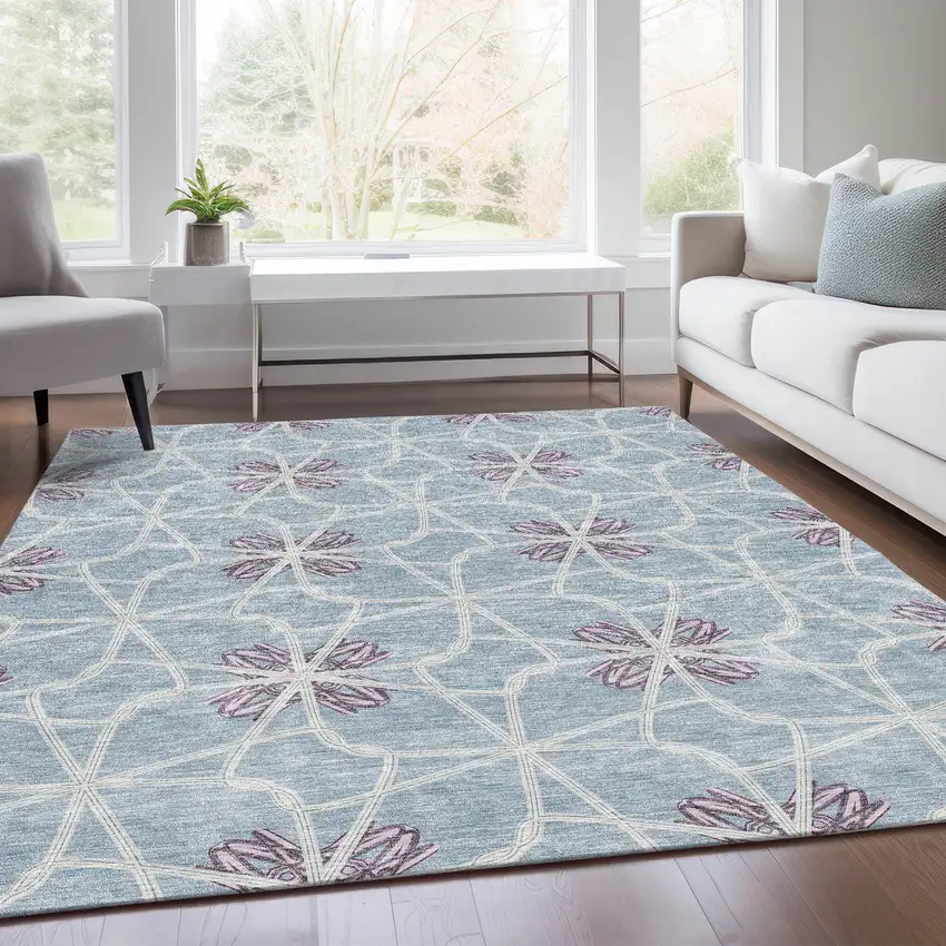 Denim Blue Ivory And Gray Geometric Washable Area Rug With UV Protection Photo 5