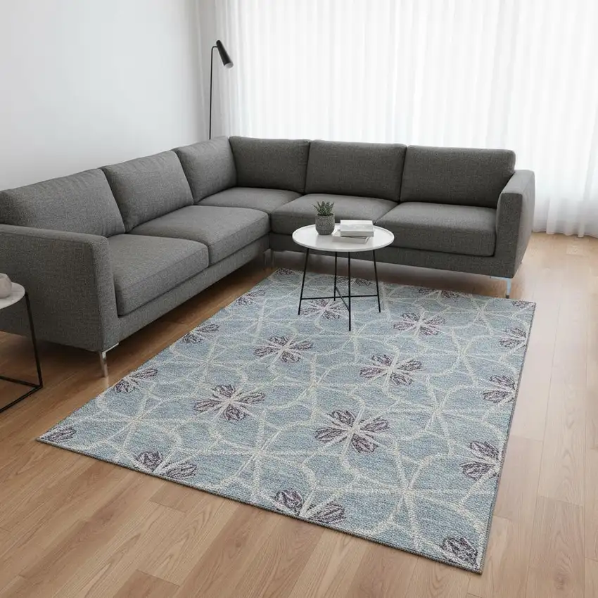 Denim Blue Ivory And Gray Geometric Washable Area Rug With UV Protection Photo 2