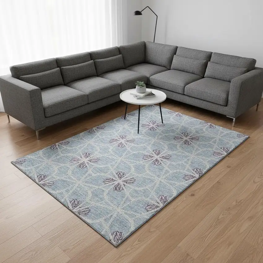 Denim Blue Ivory And Gray Geometric Washable Area Rug With UV Protection Photo 2