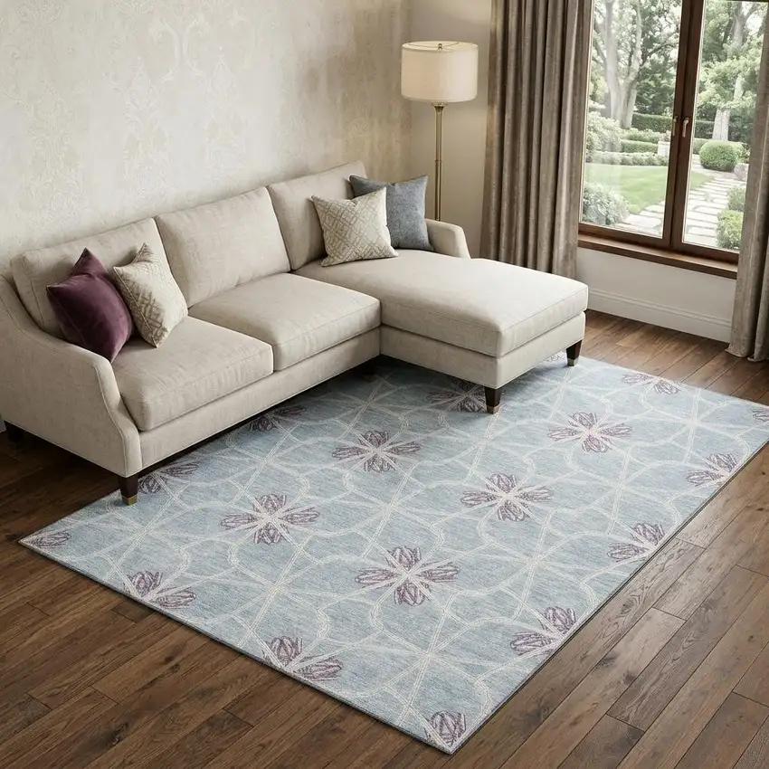 Denim Blue Ivory And Gray Geometric Washable Area Rug With UV Protection Photo 1