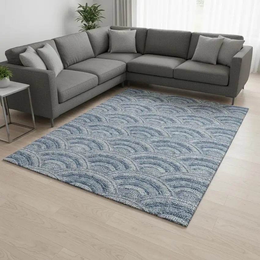 Denim Blue Ivory And Gray Geometric Washable Area Rug With UV Protection Photo 2