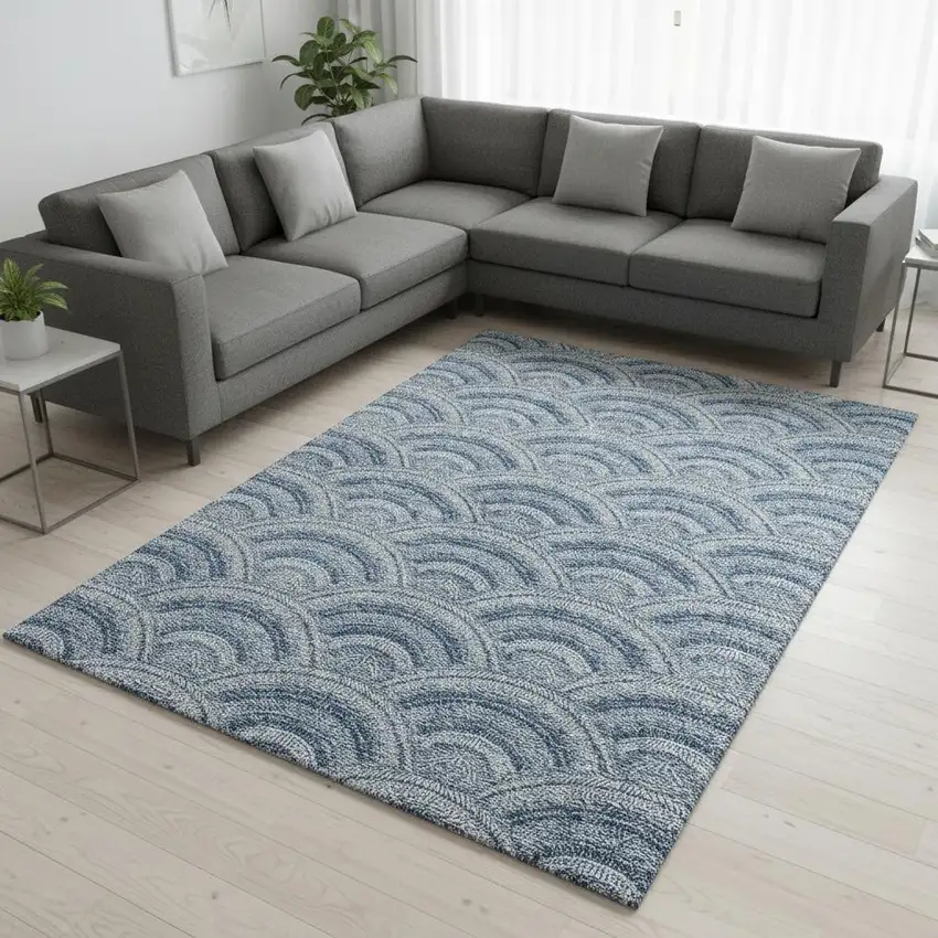 Denim Blue Ivory And Gray Geometric Washable Area Rug With UV Protection Photo 2