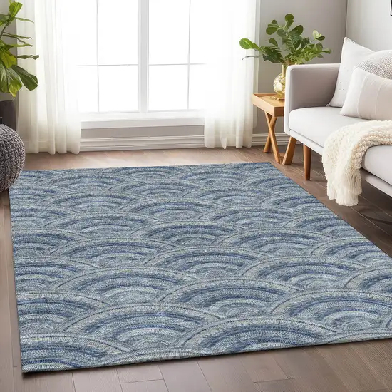 Denim Blue Ivory And Gray Geometric Washable Area Rug With UV Protection Photo 3