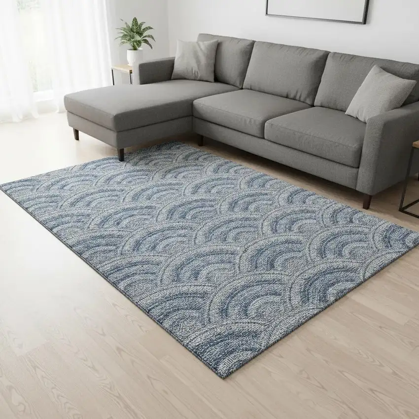 Denim Blue Ivory And Gray Geometric Washable Area Rug With UV Protection Photo 2