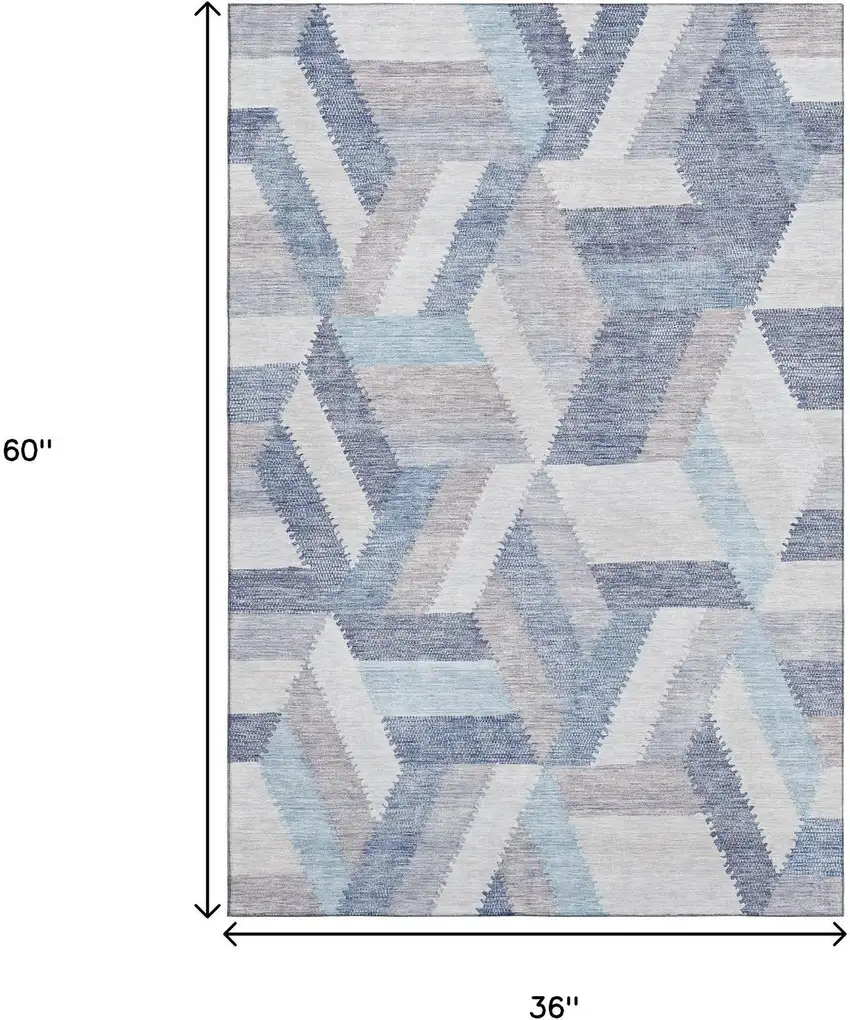 Denim Blue Ivory And Gray Geometric Washable Area Rug With UV Protection Photo 9