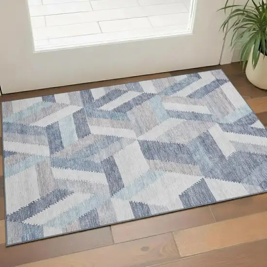 Denim Blue Ivory And Gray Geometric Washable Area Rug With UV Protection Photo 2
