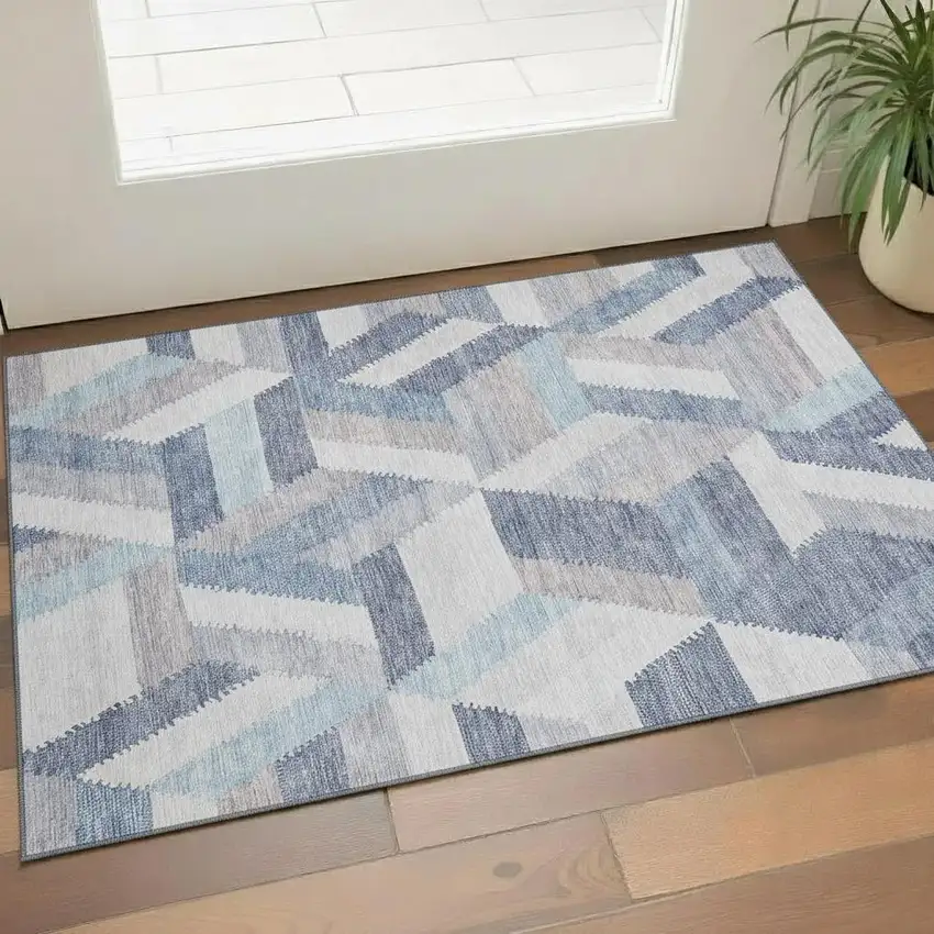 Denim Blue Ivory And Gray Geometric Washable Area Rug With UV Protection Photo 2