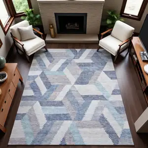 Photo of Denim Blue Ivory And Gray Geometric Washable Area Rug With UV Protection