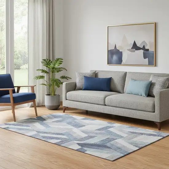 Denim Blue Ivory And Gray Geometric Washable Area Rug With UV Protection Photo 2