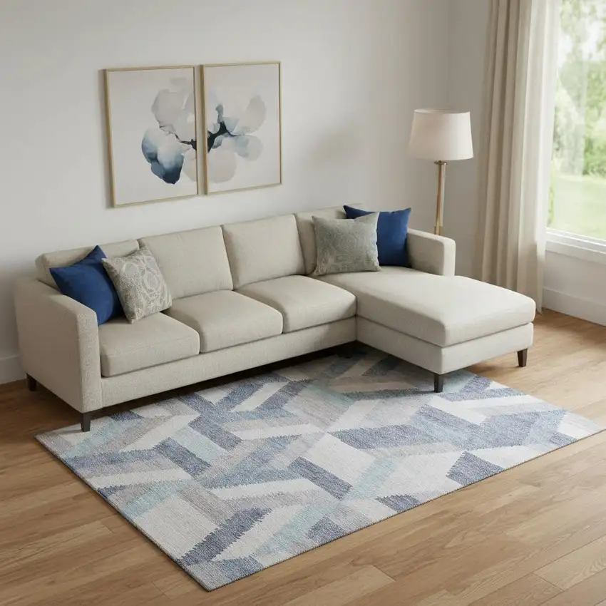 Denim Blue Ivory And Gray Geometric Washable Area Rug With UV Protection Photo 2