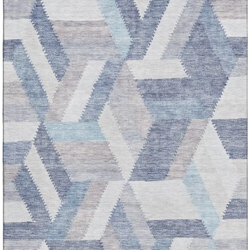Denim Blue Ivory And Gray Geometric Washable Area Rug With UV Protection Photo 3
