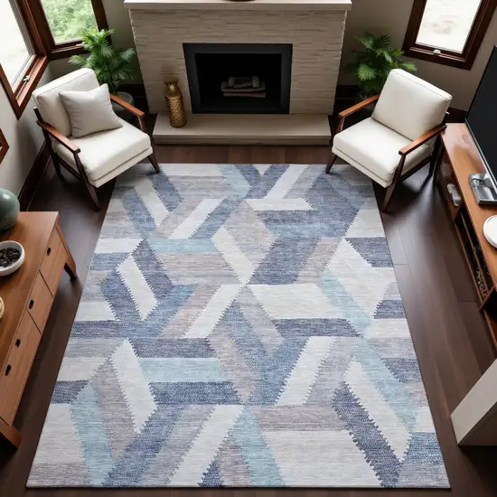 Denim Blue Ivory And Gray Geometric Washable Area Rug With UV Protection Photo 4