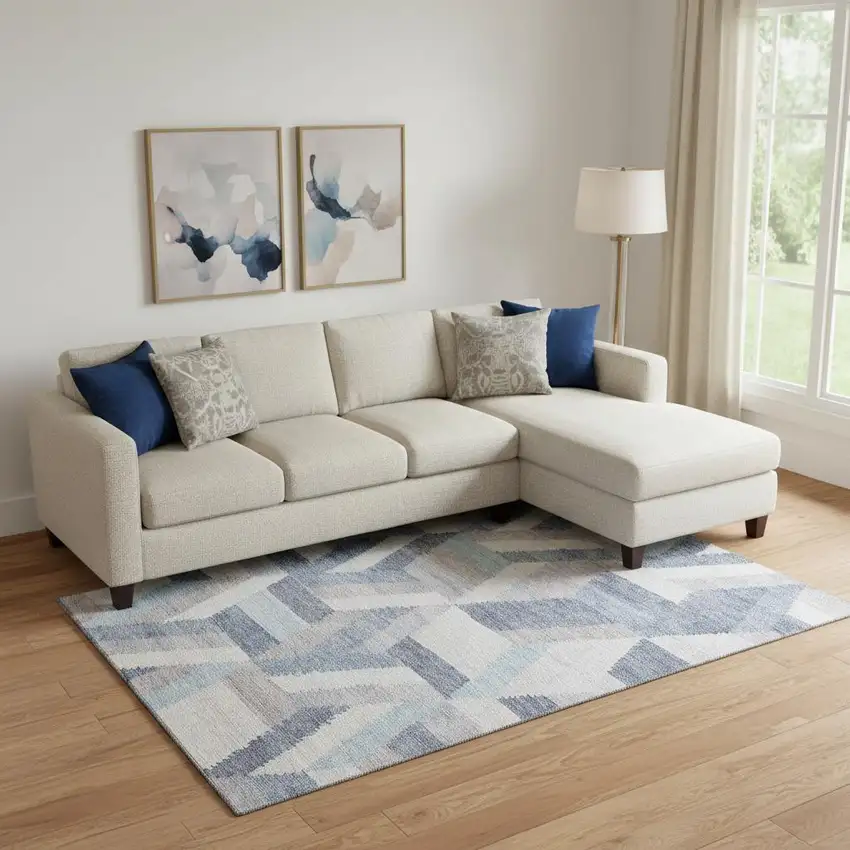 Denim Blue Ivory And Gray Geometric Washable Area Rug With UV Protection Photo 2