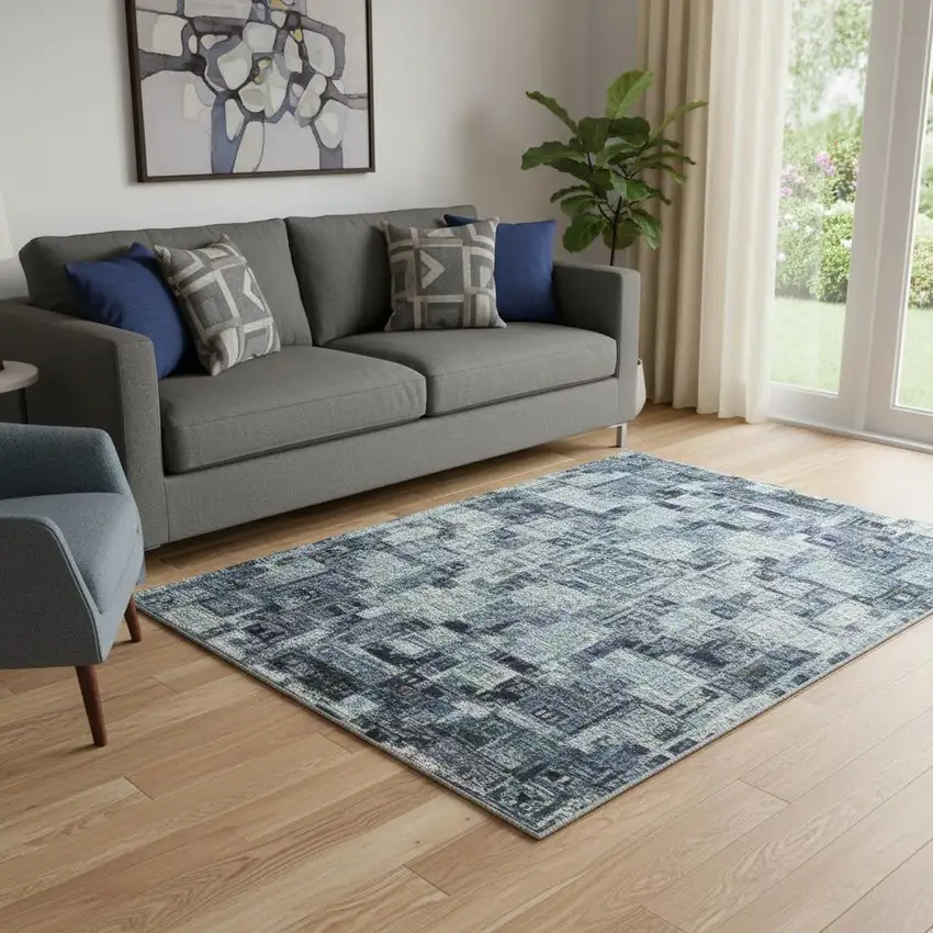 Denim Blue Ivory And Gray Geometric Washable Area Rug With UV Protection Photo 2