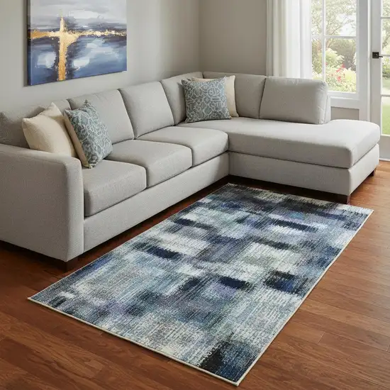 Denim Blue Ivory And Gray Geometric Washable Area Rug With UV Protection Photo 2