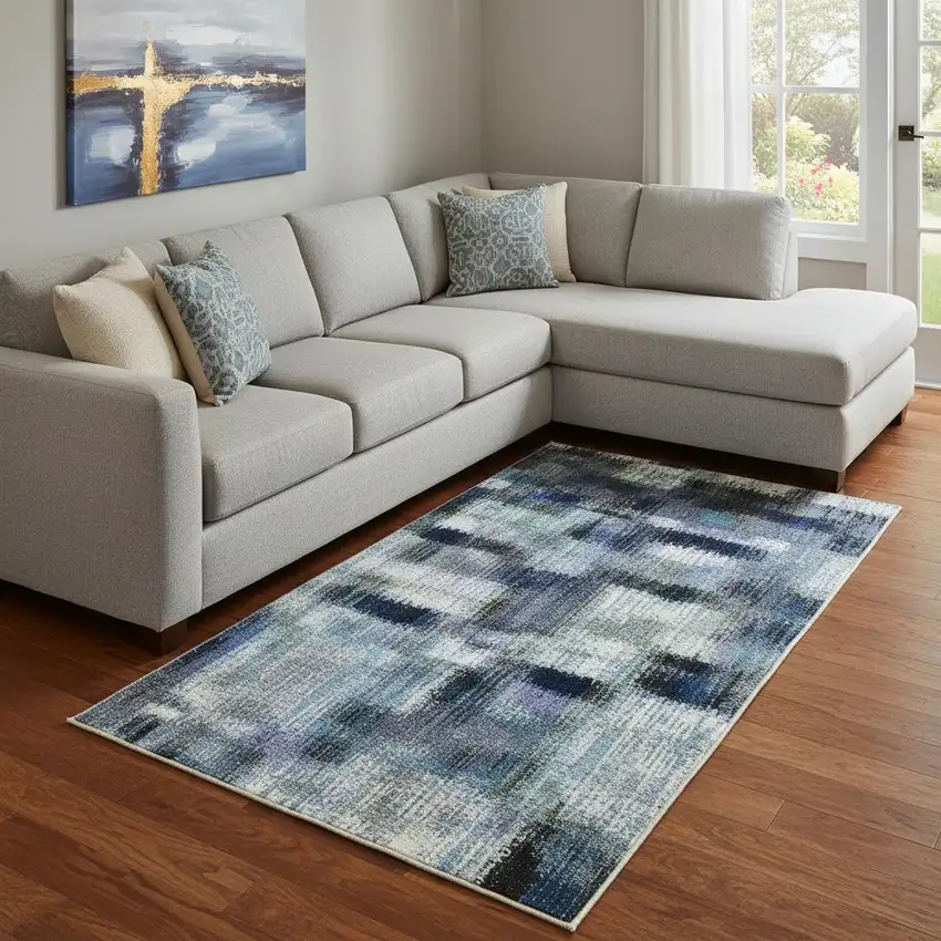 Denim Blue Ivory And Gray Geometric Washable Area Rug With UV Protection Photo 2