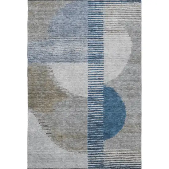 Denim Blue Ivory And Gray Geometric Washable Area Rug With UV Protection Photo 7