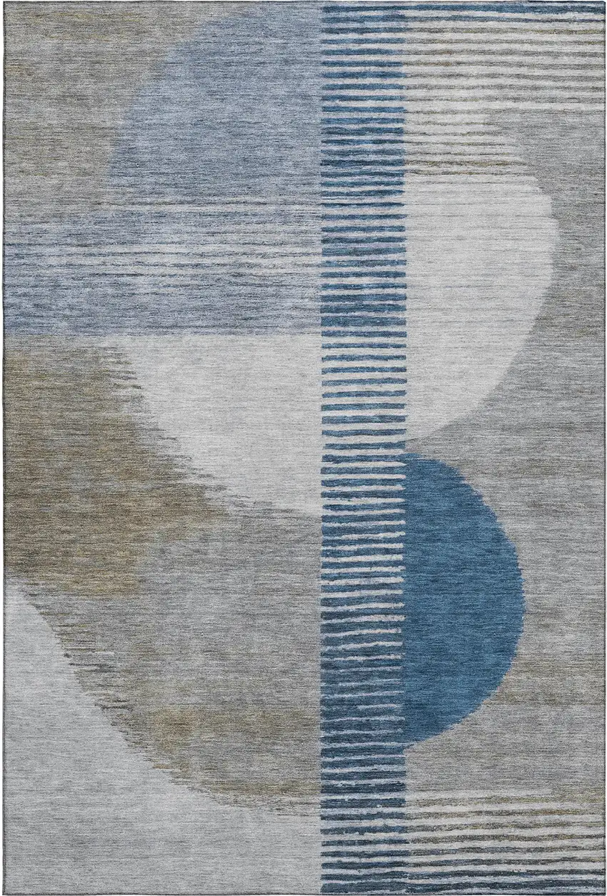 Denim Blue Ivory And Gray Geometric Washable Area Rug With UV Protection Photo 7