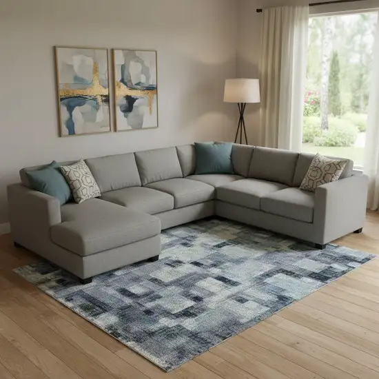 Denim Blue Ivory And Gray Geometric Washable Area Rug With UV Protection Photo 2