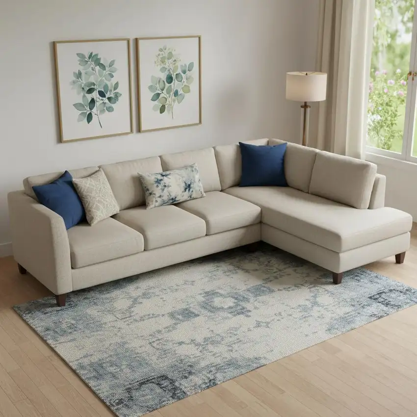 Denim Blue Ivory And Gray Geometric Washable Area Rug With UV Protection Photo 2