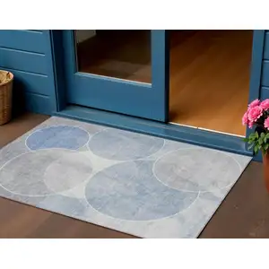 Photo of Denim Blue Ivory And Gray Geometric Washable Indoor Outdoor Area Rug