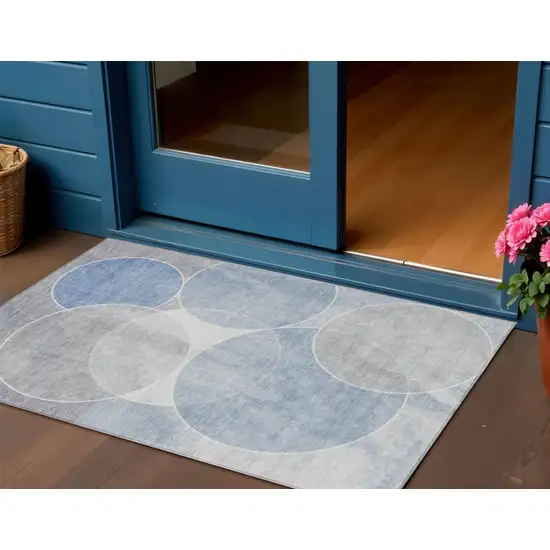 Denim Blue Ivory And Gray Geometric Washable Indoor Outdoor Area Rug Photo 1
