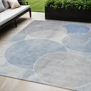 Photo of Denim Blue Ivory And Gray Geometric Washable Indoor Outdoor Area Rug