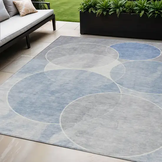 Denim Blue Ivory And Gray Geometric Washable Indoor Outdoor Area Rug Photo 1