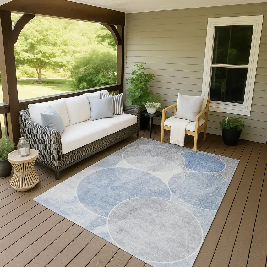 Denim Blue Ivory And Gray Geometric Washable Indoor Outdoor Area Rug Photo 9