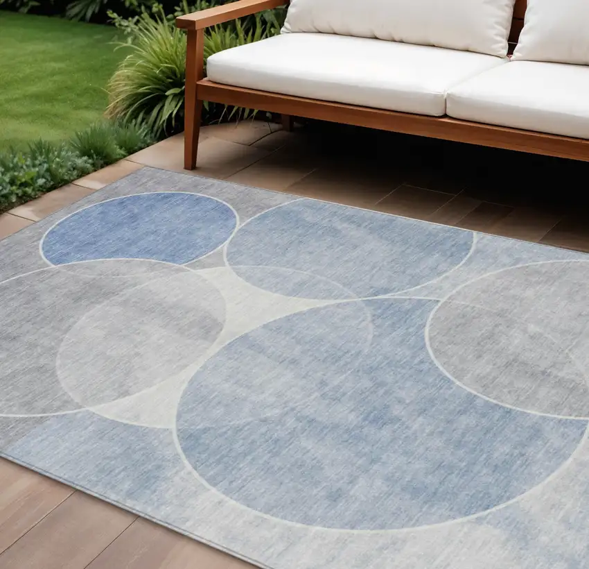 Denim Blue Ivory And Gray Geometric Washable Indoor Outdoor Area Rug Photo 1