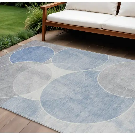 Denim Blue Ivory And Gray Geometric Washable Indoor Outdoor Area Rug Photo 1
