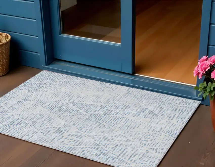 Denim Blue Ivory And Gray Geometric Washable Indoor Outdoor Area Rug Photo 1