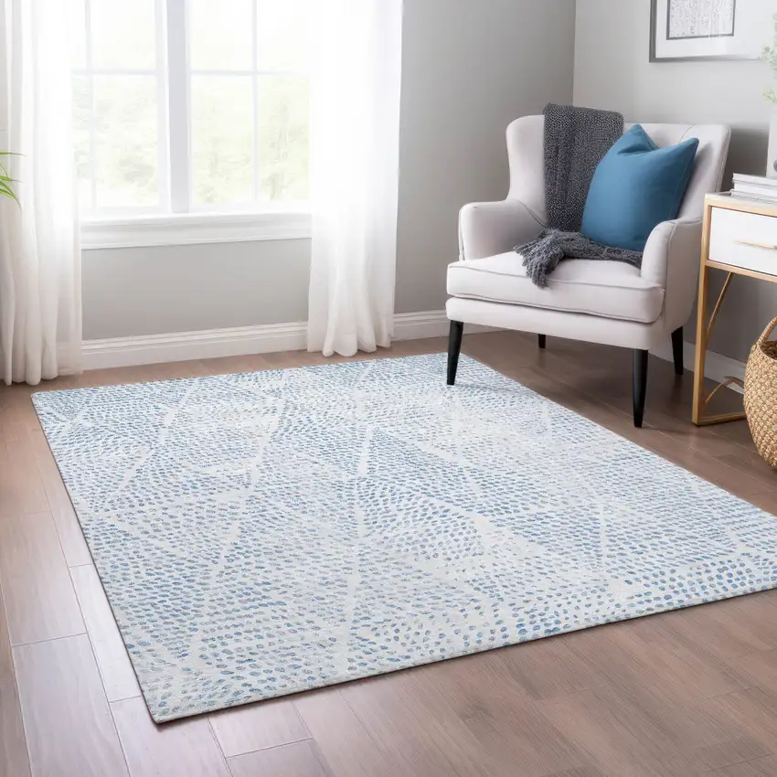 Denim Blue Ivory And Gray Geometric Washable Indoor Outdoor Area Rug Photo 8